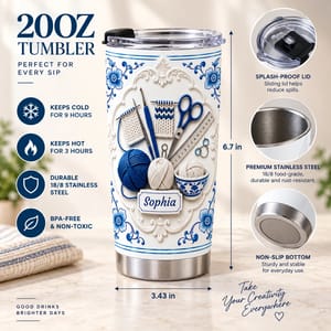 Personalized Knitting and Crochet Tumbler – Custom Name Blue Floral Yarn Design 20oz Stainless Steel Tumbler, Crochet Lover Gift, Knitting Gift for Women