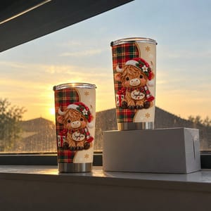 Personalized 20oz Tumbler Custom Name – Highland Cow Christmas Gift, Cute Holiday Plaid Stainless Steel Travel Cup