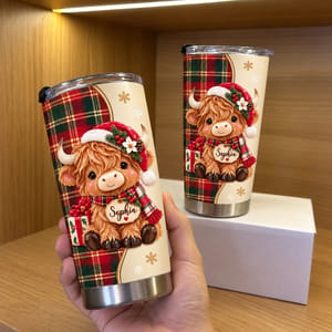 Personalized 20oz Tumbler Custom Name – Highland Cow Christmas Gift, Cute Holiday Plaid Stainless Steel Travel Cup