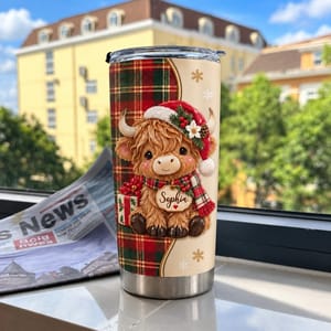 Personalized 20oz Tumbler Custom Name – Highland Cow Christmas Gift, Cute Holiday Plaid Stainless Steel Travel Cup