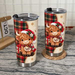 Personalized 20oz Tumbler Custom Name – Highland Cow Christmas Gift, Cute Holiday Plaid Stainless Steel Travel Cup