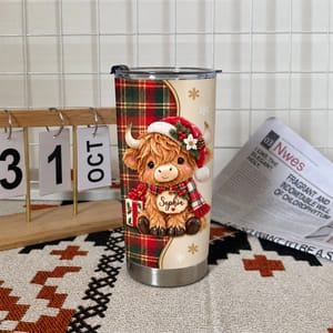 Personalized 20oz Tumbler Custom Name – Highland Cow Christmas Gift, Cute Holiday Plaid Stainless Steel Travel Cup
