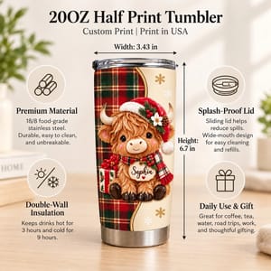 Personalized 20oz Tumbler Custom Name – Highland Cow Christmas Gift, Cute Holiday Plaid Stainless Steel Travel Cup