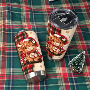 Personalized 20oz Tumbler Custom Name – Highland Cow Christmas Gift, Cute Holiday Plaid Stainless Steel Travel Cup