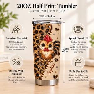 Personalized 20oz Tumbler Custom Name – Cute Rooster Chicken Lover Gift, Farmhouse Stainless Steel Travel Cup