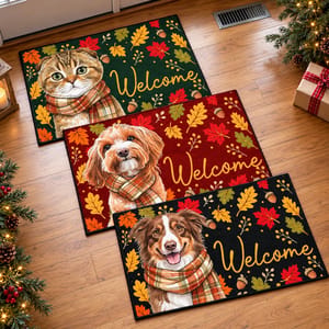 Rustic Autumn Leaves Entryway Rug - Personalized Pet Portrait Doormat, Custom Pet Picture Welcome Mat