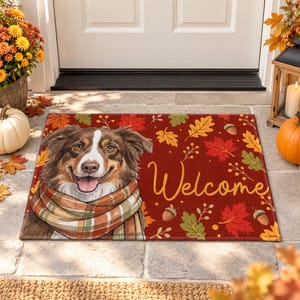 Rustic Autumn Leaves Entryway Rug - Personalized Pet Portrait Doormat, Custom Pet Picture Welcome Mat
