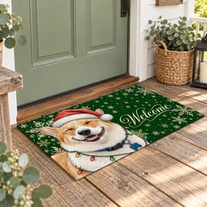 Personalized Door Mat Custom Pet Photo – Christmas Dog Welcome Mat With Santa Hat Snowflakes Holiday Home Decor Gift