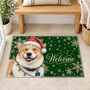 Personalized Door Mat Custom Pet Photo – Christmas Dog Welcome Mat With Santa Hat Snowflakes Holiday Home Decor Gift