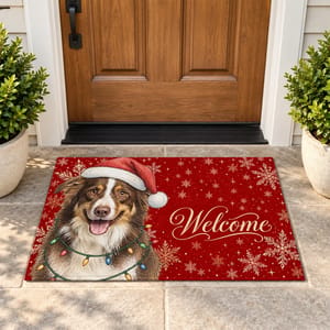 Personalized Door Mat Custom Pet Photo – Christmas Dog Welcome Mat With Santa Hat Snowflakes Holiday Home Decor Gift