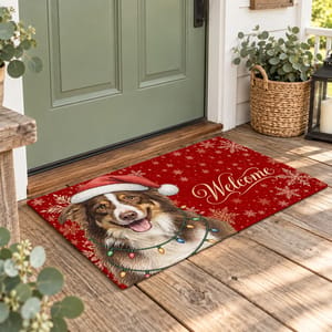 Personalized Door Mat Custom Pet Photo – Christmas Dog Welcome Mat With Santa Hat Snowflakes Holiday Home Decor Gift