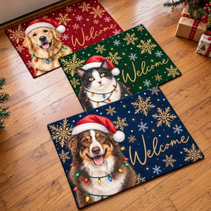 Custom Pet Photo Christmas Doormat, Personalized Dog Welcome Mat, Santa Puppy Holiday Door Decor, Christmas Gift for Dog Cat Lovers