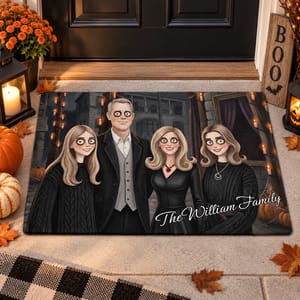 Personalized Spooky Family Portrait Doormat, Custom Photo Gothic Cartoon Welcome Mat, Halloween Housewarming Gift