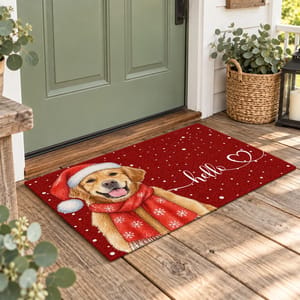 Personalized Christmas Doormat – Custom Photo Pet and Family Welcome Mat, Dog Cat or Human Portrait, Santa Hat Holiday Front Door Rug, Christmas Gift