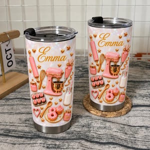 Personalized Baking Tumbler – Custom Name Pink Baking Tools 20oz Stainless Steel Tumbler, Cute Baker Gift, Baking Lover Gift for Women, Birthday Gift for Mom
