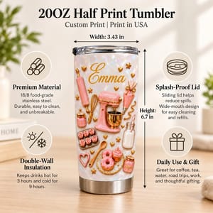 Personalized Baking Tumbler – Custom Name Pink Baking Tools 20oz Stainless Steel Tumbler, Cute Baker Gift, Baking Lover Gift for Women, Birthday Gift for Mom