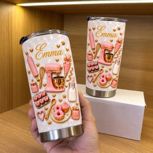 Personalized Baking Tumbler – Custom Name Pink Baking Tools 20oz Stainless Steel Tumbler, Cute Baker Gift, Baking Lover Gift for Women, Birthday Gift for Mom