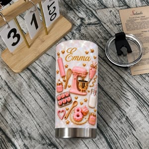 Personalized Baking Tumbler – Custom Name Pink Baking Tools 20oz Stainless Steel Tumbler, Cute Baker Gift, Baking Lover Gift for Women, Birthday Gift for Mom