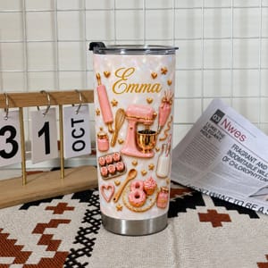 Personalized Baking Tumbler – Custom Name Pink Baking Tools 20oz Stainless Steel Tumbler, Cute Baker Gift, Baking Lover Gift for Women, Birthday Gift for Mom