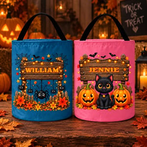 Personalized Trick or Treat Autumn Leaves Design Candy Bucket - Custom Name Halloween Treat Bag