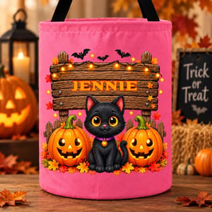 Personalized Trick or Treat Autumn Leaves Design Candy Bucket - Custom Name Halloween Treat Bag