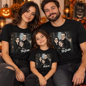 Personalized T-Shirt Custom Family Photo & Name – Halloween Gothic Family Portrait Tee, Spooky Matching Family Gift