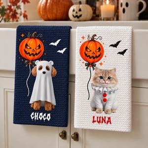 Custom Pet Name Halloween Kitchen Towel, Witch Cat Pumpkin Tea Towel, Personalized Spooky Kitchen Decor, Halloween Gift for Dog Cat Lovers