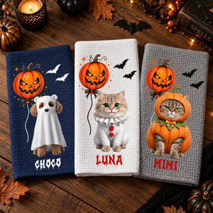 Custom Pet Name Halloween Kitchen Towel, Witch Cat Pumpkin Tea Towel, Personalized Spooky Kitchen Decor, Halloween Gift for Dog Cat Lovers