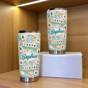 Personalized 20oz Tumbler Custom Name – Mahjong Beach Lover Gift, Coastal Sea Glass Design Stainless Steel Travel Cup
