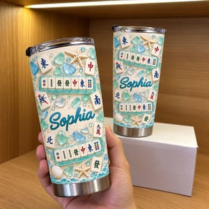 Personalized 20oz Tumbler Custom Name – Mahjong Beach Lover Gift, Coastal Sea Glass Design Stainless Steel Travel Cup