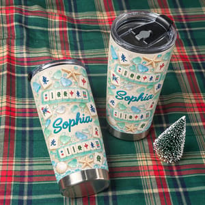 Personalized 20oz Tumbler Custom Name – Mahjong Beach Lover Gift, Coastal Sea Glass Design Stainless Steel Travel Cup