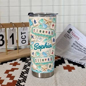 Personalized 20oz Tumbler Custom Name – Mahjong Beach Lover Gift, Coastal Sea Glass Design Stainless Steel Travel Cup