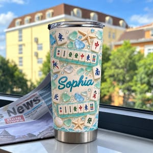 Personalized 20oz Tumbler Custom Name – Mahjong Beach Lover Gift, Coastal Sea Glass Design Stainless Steel Travel Cup