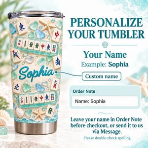 Personalized 20oz Tumbler Custom Name – Mahjong Beach Lover Gift, Coastal Sea Glass Design Stainless Steel Travel Cup