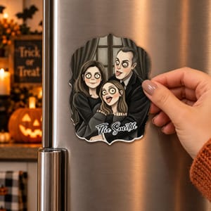 Personalized Refrigerator Magnet Custom Family Photo & Name – Halloween Gothic Family Portrait Fridge Magnet Home Decor Gift