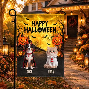 Personalized Halloween Garden Flag Custom Pet Names, Spooky Pet Welcome Flag, Witch Cat Pumpkin Dog Mummy Cat Yard Decor, Halloween Gift