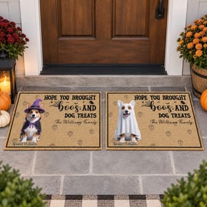 Personalized Halloween Dog Witch Costume Welcome Doormat - Custom Pet Name and Family Name