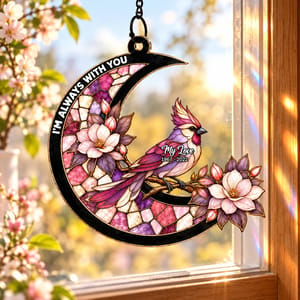 Memorial Cardinal Stained Glass Moon - Personalized Window Hanging Suncatcher Ornament