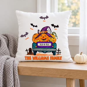 Cute Pumpkin Truck Fall Pillow Cover - Custom Family Name Halloween Pillow Cover, Personalized Bat Clipart with Kids Names