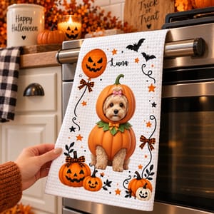 Personalized Halloween Kitchen Towel Custom Pet Photo & Name – Pumpkin Dog Trick or Treat Kitchen Decor Gift