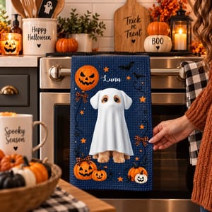 Personalized Halloween Kitchen Towel Custom Pet Photo & Name – Pumpkin Dog Trick or Treat Kitchen Decor Gift