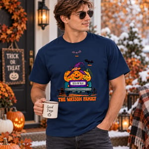 Vintage Trick or Treat Truck Shirt - Personalized Halloween Pumpkin T-Shirt, Custom Family Name and Bat Clipart