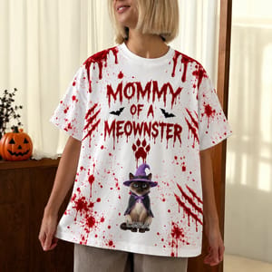 Custom Pet Photo Halloween T Shirt, Personalized Cat Name Mommy Daddy of a Meownster Tee, Witch Cat Spooky Shirt, Pet Lover Gift