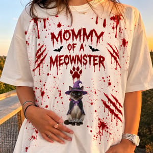 Custom Pet Photo Halloween T Shirt, Personalized Cat Name Mommy Daddy of a Meownster Tee, Witch Cat Spooky Shirt, Pet Lover Gift