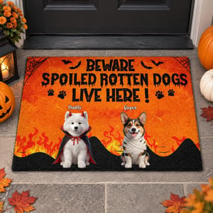 Personalized Halloween Pet Photo Doormat, Custom Dog Portrait Beware Spoiled Rotten Dog Live Here