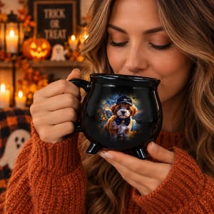 Personalized Cauldron Pottery Mug Custom Pet Photo – Halloween Dog Portrait Spooky Witch Mug Gift