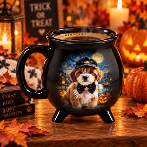 Personalized Cauldron Pottery Mug Custom Pet Photo – Halloween Dog Portrait Spooky Witch Mug Gift
