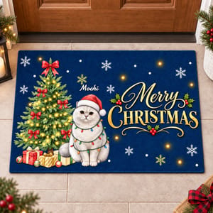 Custom Pet Picture Santa Hat and Christmas Lights - Personalized Christmas Dog Doormat