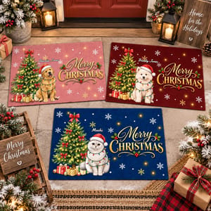 Custom Pet Picture Santa Hat and Christmas Lights - Personalized Christmas Dog Doormat
