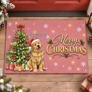 Custom Pet Picture Santa Hat and Christmas Lights - Personalized Christmas Dog Doormat